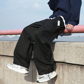 Hearujoy Vintage Cargo Pants Men Fashion Streetwear Pockets Wide Leg Straight Y2k Casual Trousers Baggy Drawstring Overalls Black/Gray